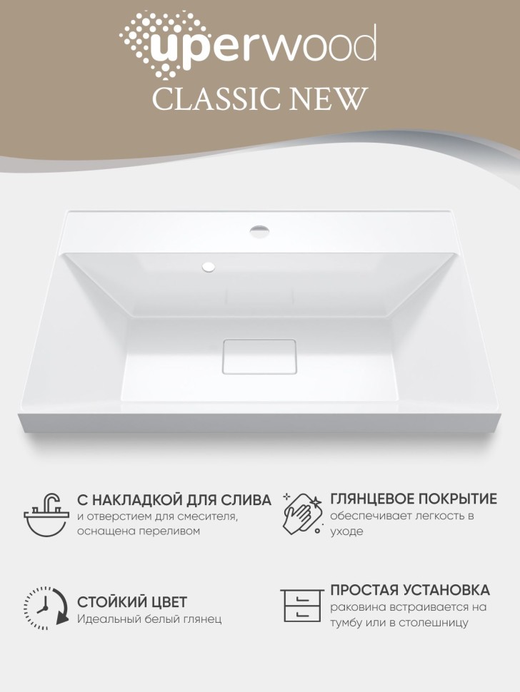 Раковина для ванной 70 см, Uperwood Classic New, белая глянцевая, с накладкой для слива