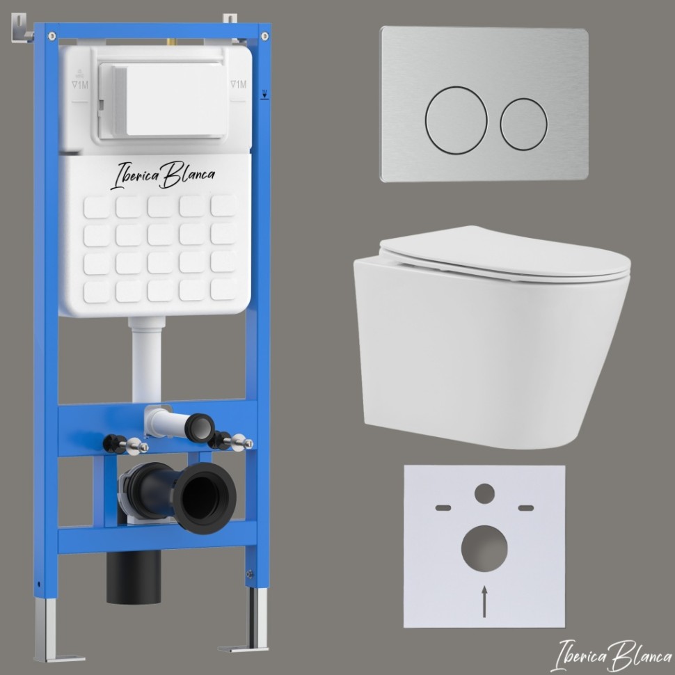 Комплект 3в1 IBERICA BLANCA инсталляция SILENCIO, унитаз BURGOS ALTO белый, кнопка смыва INOX-O хром матовый (IB001.BRA.234.8132)