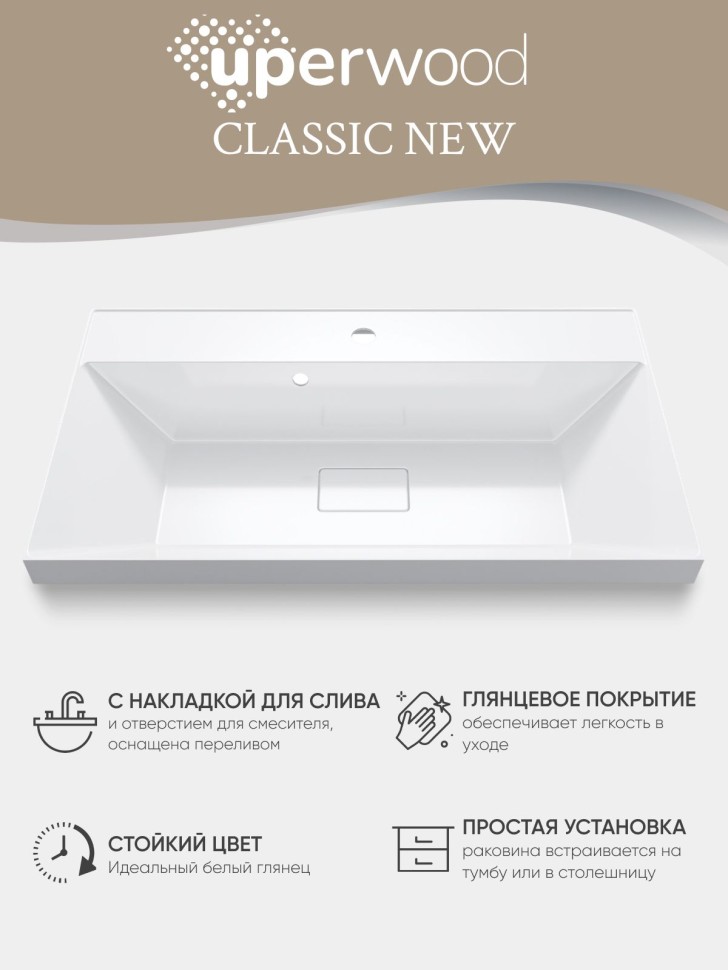 Раковина для ванной 80 см, Uperwood Classic New, белая глянцевая, с накладкой для слива