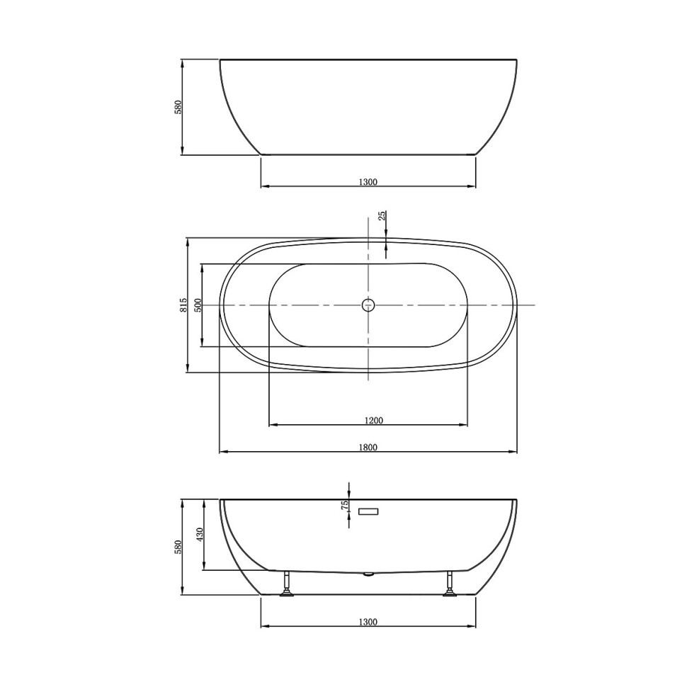 Ванна акриловая Vincea VBT-408-1800, 1800*815*580, цвет белый, щелевой перелив