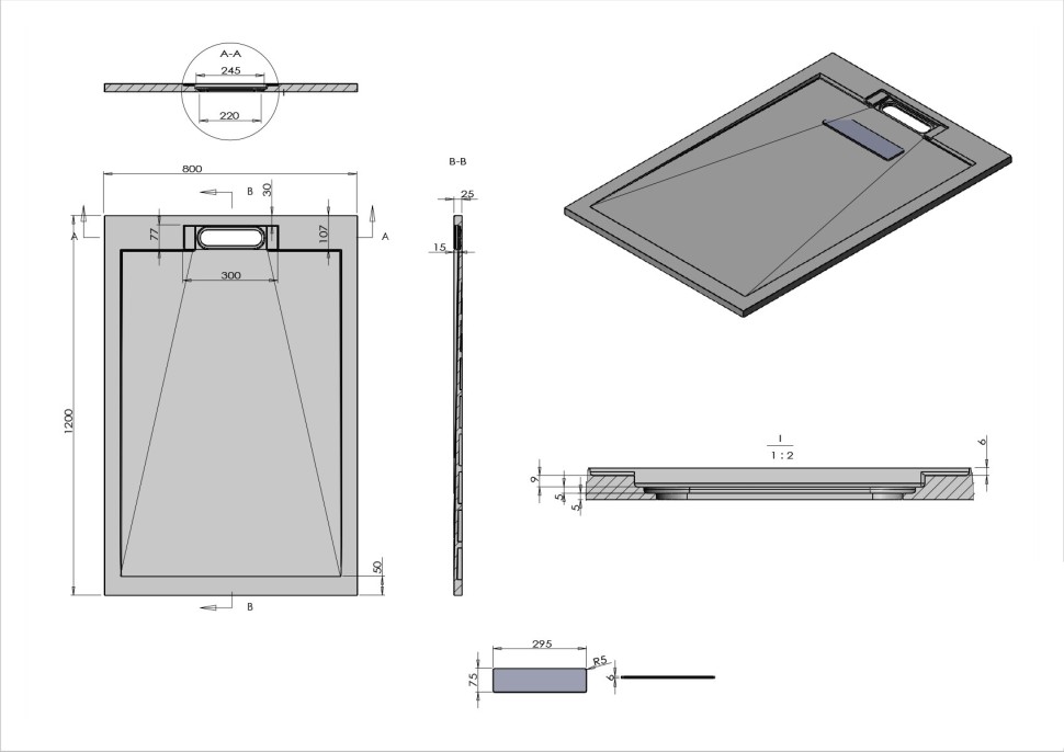 Поддон для душа из искусственного камня VST-4SRL8012A,1200*800*25, антрацит