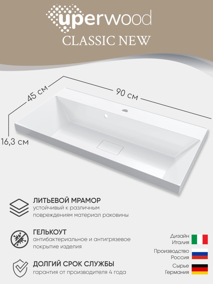 Раковина для ванной 90 см, Uperwood Classic New, белая глянцевая, с накладкой для слива