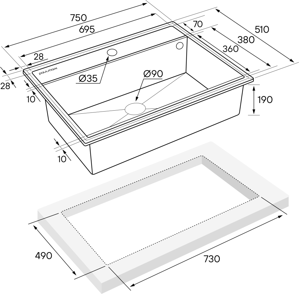 Мойка STEPIA 80, IT-GRANIT, PM117551-DG, графит, 750х510, Paulmark