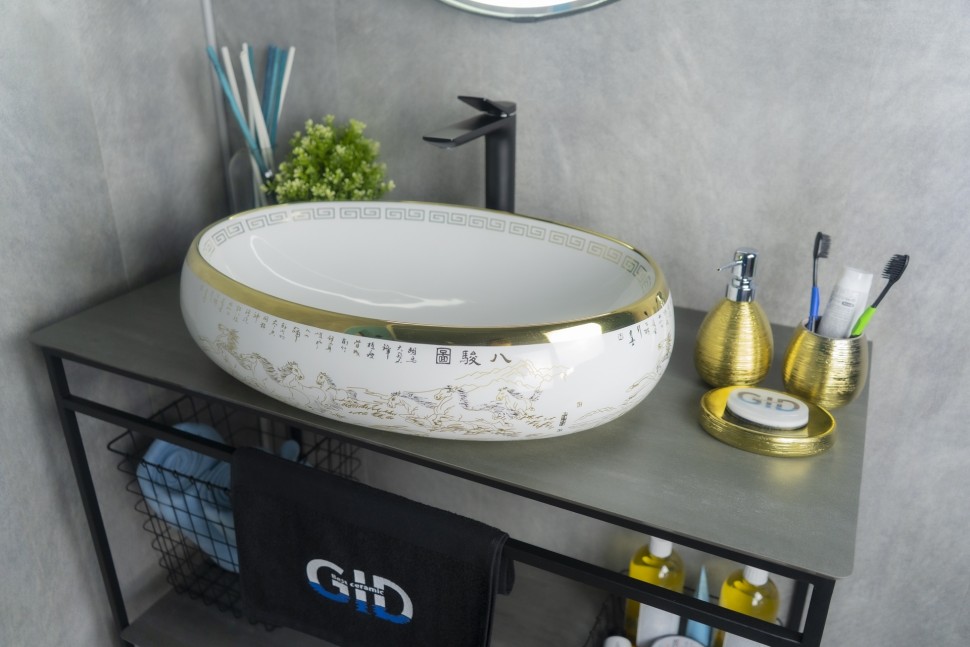 Раковина Gid Nc472 52222 накладная белая / золото 60x41x15