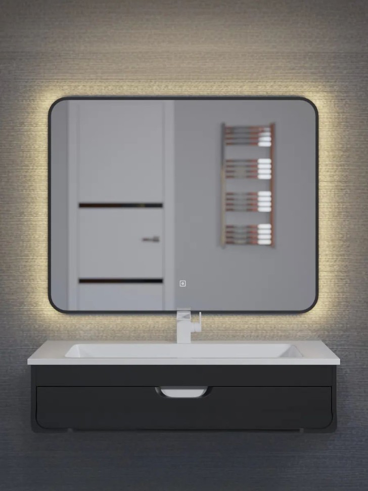 Зеркало для ванной с теплой подсветкой Uperwood Modul 100х80 см, прямоугольное, черное, сенсор/антизапотевание