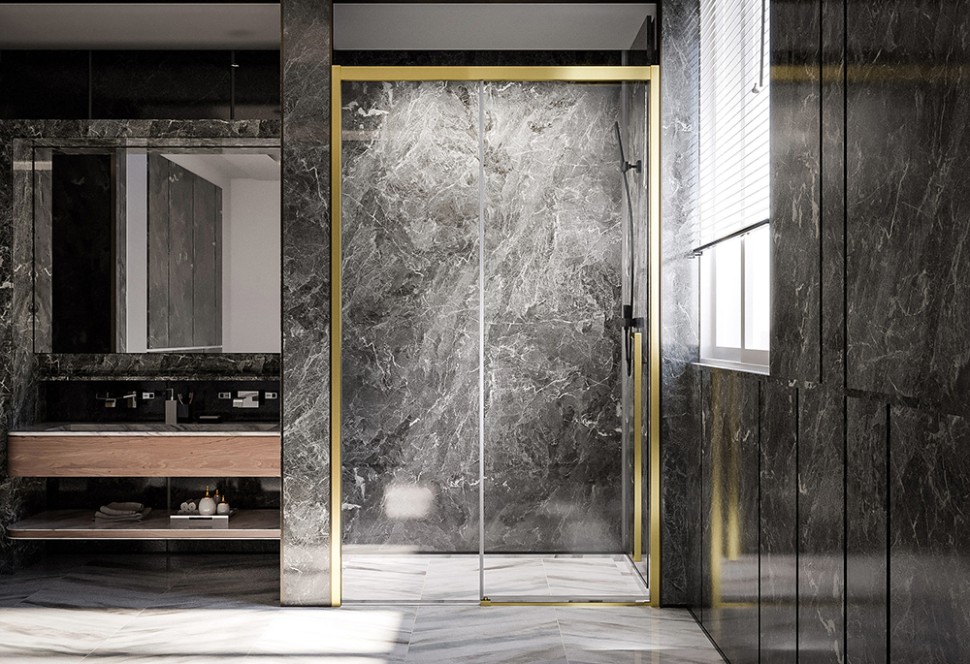 Душевая дверь Veconi Premium Trento PTD-30G, 1300х2000, брашированное золото, стекло прозрачное