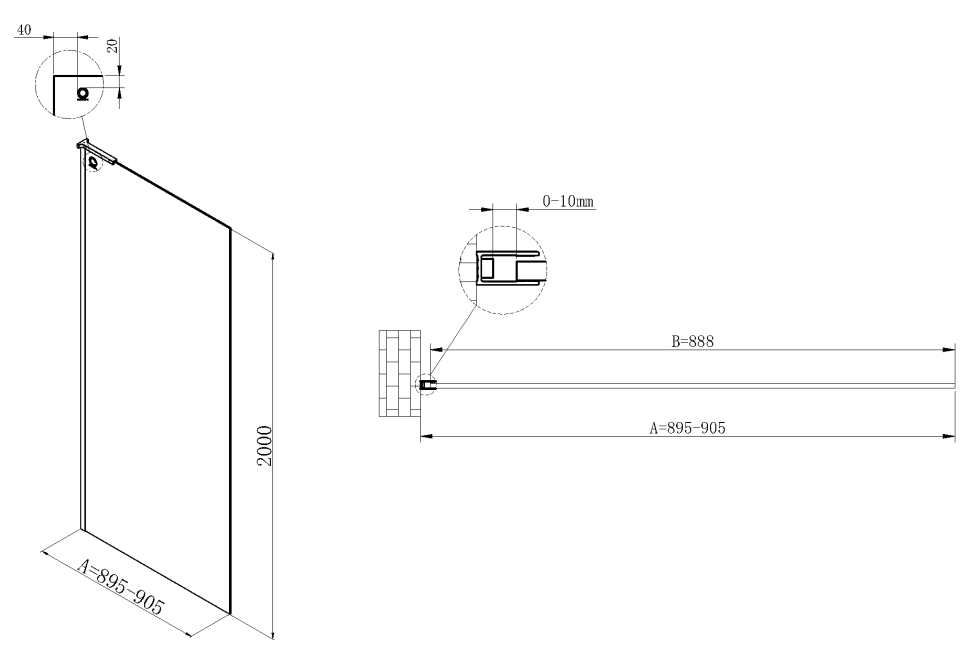 Душевая перегородка Walk-In VSW-7HA900CLGM, 900*2000, вороненая сталь, стекло прозрачное