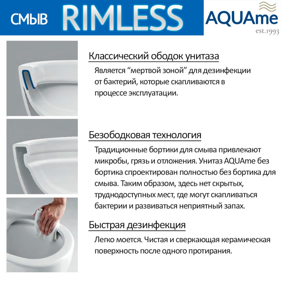 AQM2007 Унитаз подвесной с сиденьем SoftClose, технология смыва Rimless. 550х350х375