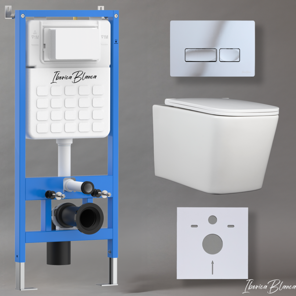 Комплект 3в1 IBERICA BLANCA инсталляция SILENCIO, унитаз TOLEDO ALTO белый, кнопка смыва ESTI-R хром глянцевый (IB001.TLA.231.213)