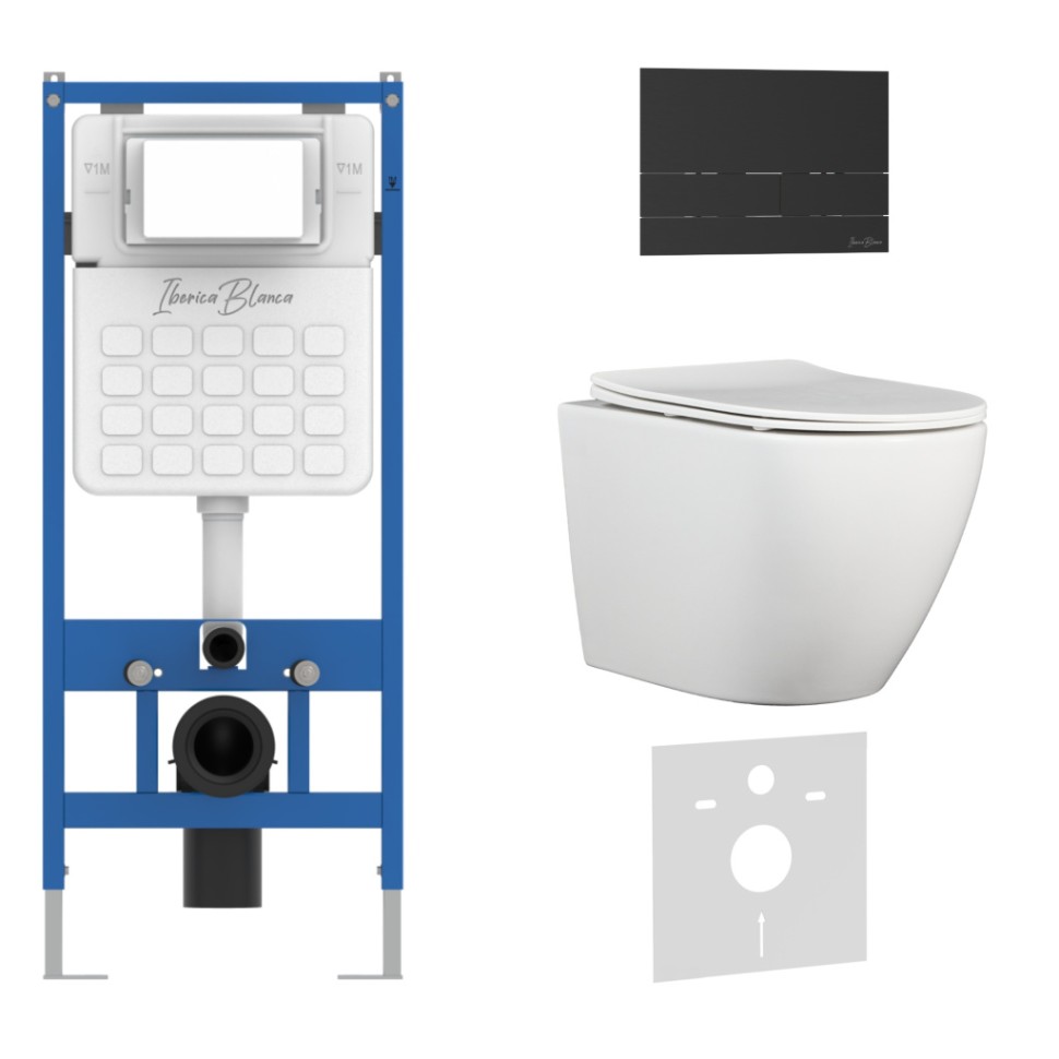 Комплект 3в1 IBERICA BLANCA инсталляция SILENCIO, унитаз BILBAO ALTO белый, кнопка смыва INOX-S черный матовый (IB001.BLA.231.1604)