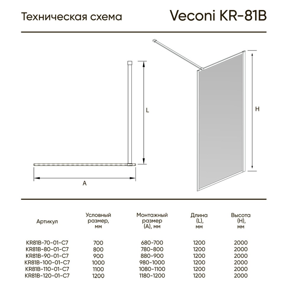 Душевая перегородка Veconi Korato KR-81, 1000x2000, хром, стекло прозрачное