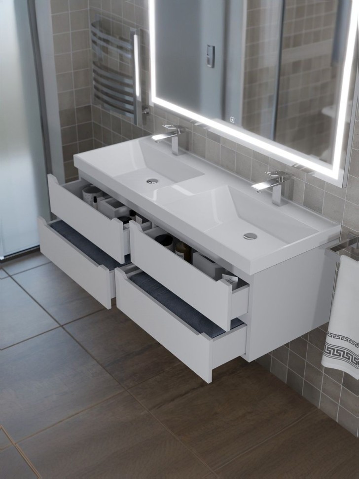 Тумба под двойную раковину для ванной подвесная Uperwood Tanos 120х45х50 см, белая, 4 ящика