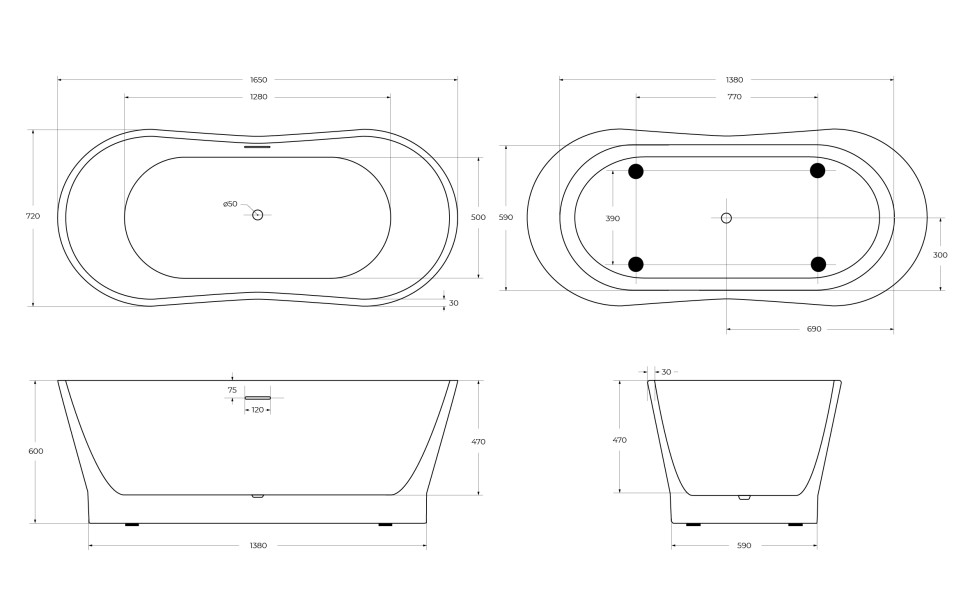 Акриловая ванна BELBAGNO BB406-1650-730
