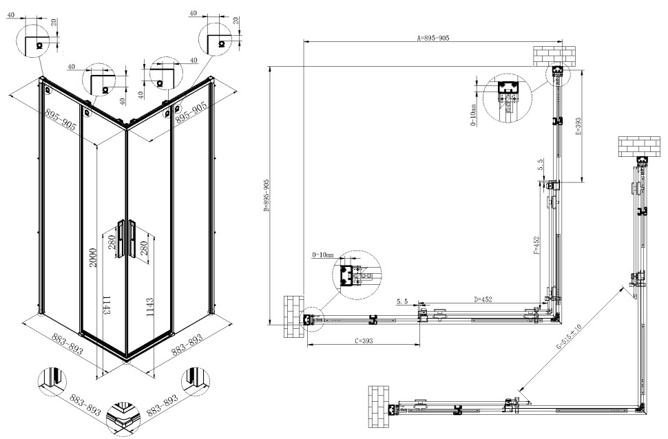 Душевой уголок Ультима (Ultima) VSS-7UL9090CLG, 900*900, брашированное золото, стекло прозрачное