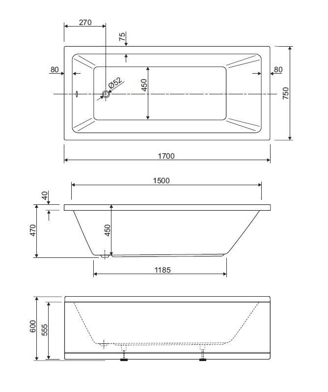 Акриловая ванна CEZARES PLANE SOLO-170-75-45-W37