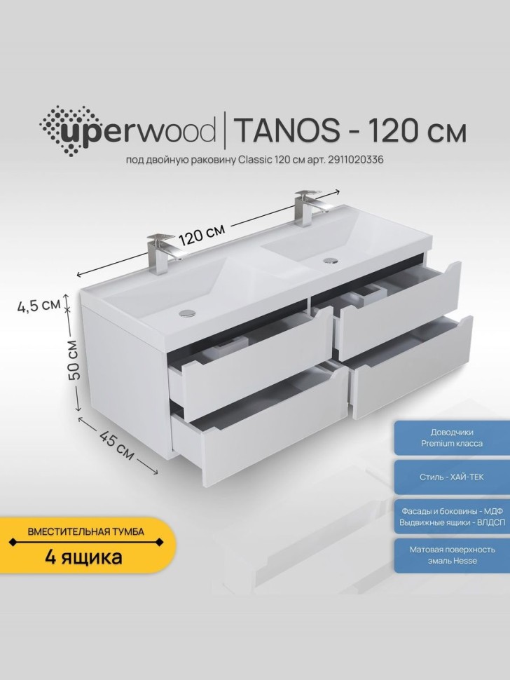 Тумба под двойную раковину для ванной подвесная Uperwood Tanos 120х45х50 см, белая/графит, 4 ящика