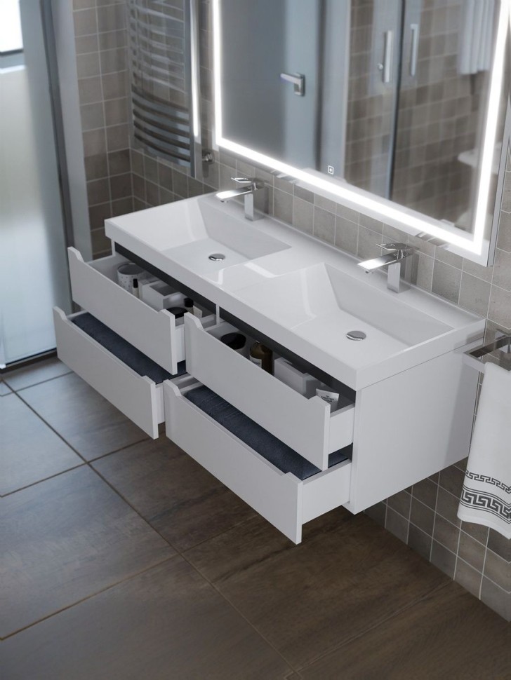 Тумба под двойную раковину для ванной подвесная Uperwood Tanos 120х45х50 см, белая/графит, 4 ящика