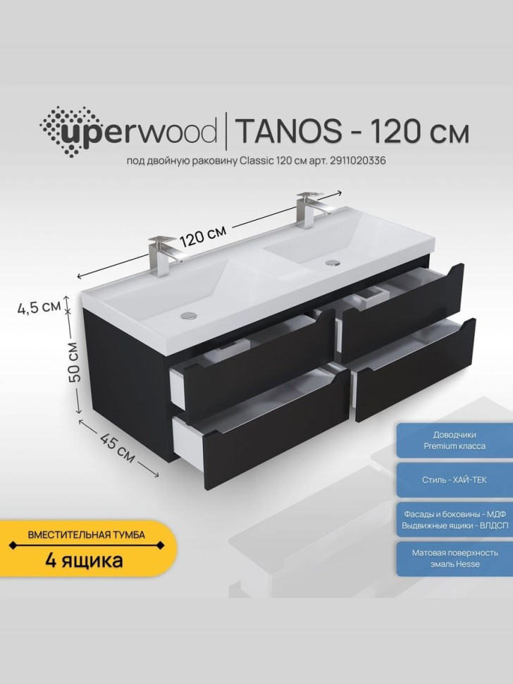 Тумба под двойную раковину для ванной подвесная Uperwood Tanos 120х45х50 см, черная матовая, 4 ящика