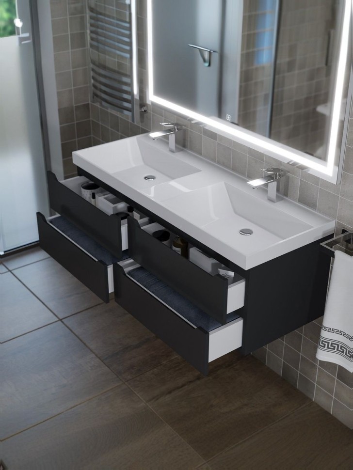 Тумба под двойную раковину для ванной подвесная Uperwood Tanos 120х45х50 см, черная матовая, 4 ящика