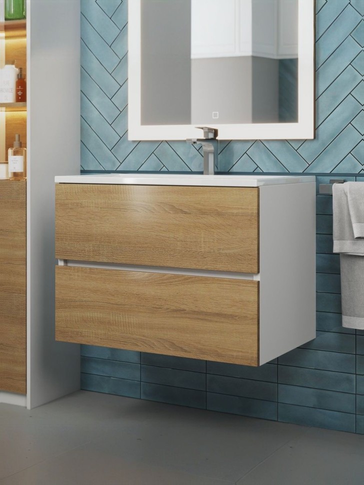 Тумба под раковину для ванной Uperwood Barsa 70 см, подвесная, белая/дуб сонома