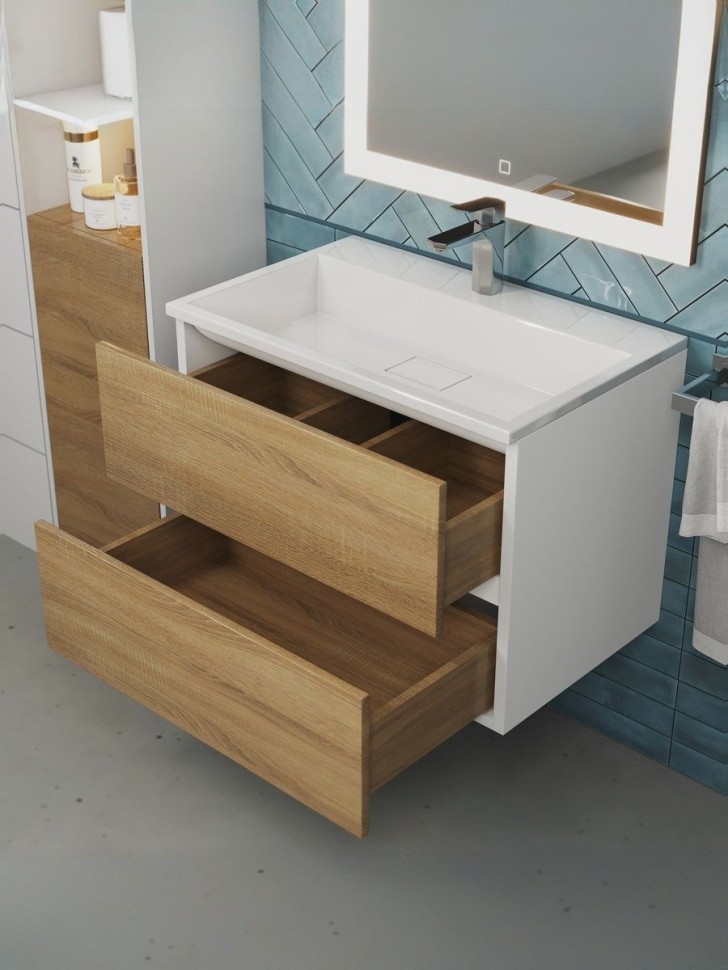 Тумба под раковину для ванной Uperwood Barsa 70 см, подвесная, белая/дуб сонома