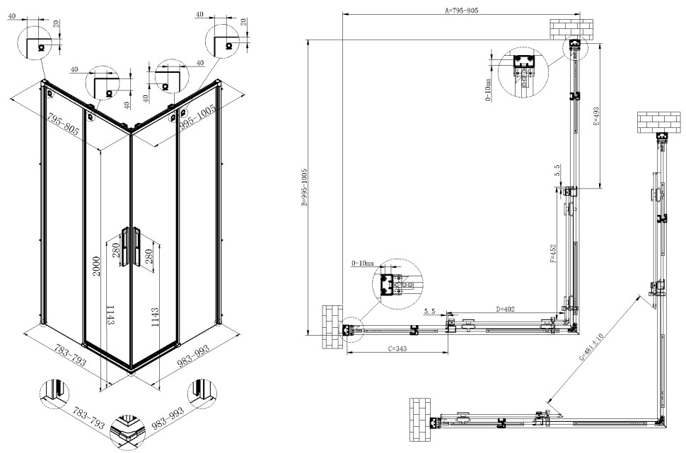 Душевой уголок Ультима (Ultima) VSS-7UL8010CLG, 800*1000, брашированное золото, стекло прозрачное