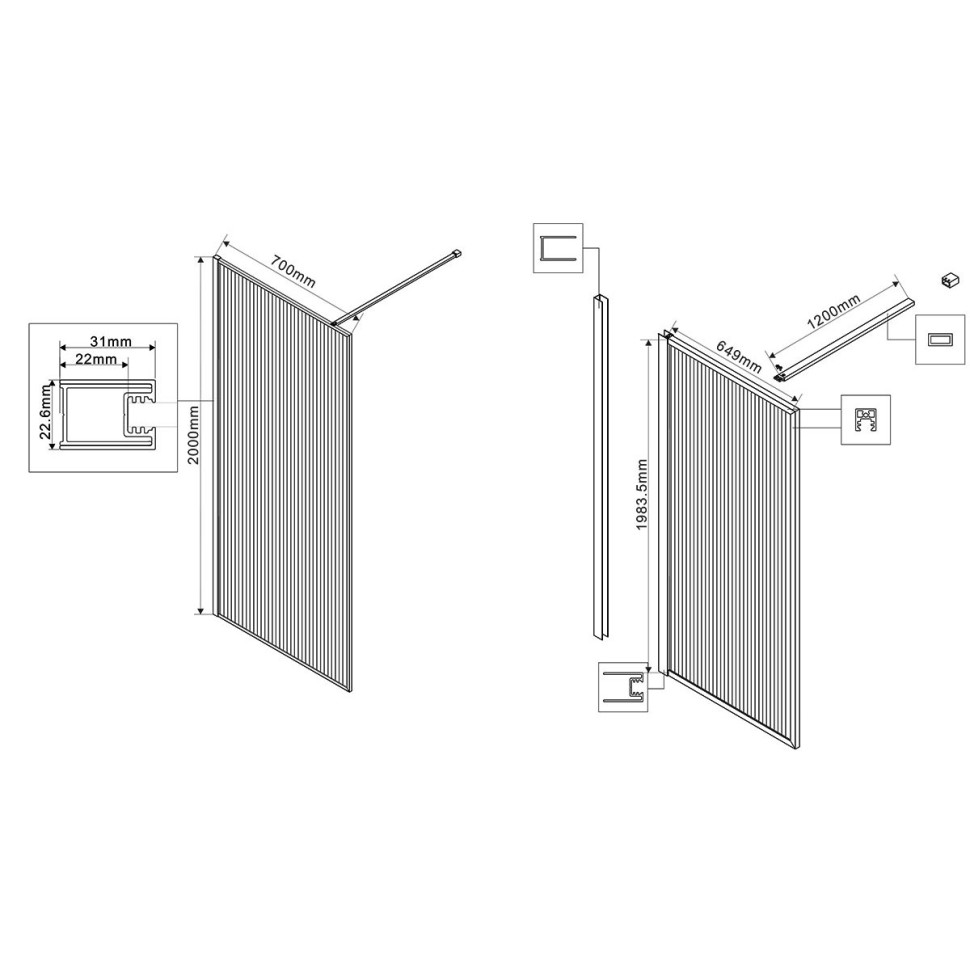 Душевая перегородка Волк-Ин (Walk-In) VSW-1HP700FLGM, 700*2000, вороненая сталь, стекло рифленое