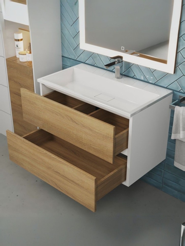 Тумба под раковину для ванной Uperwood Barsa 80 см, подвесная, белая/дуб сонома