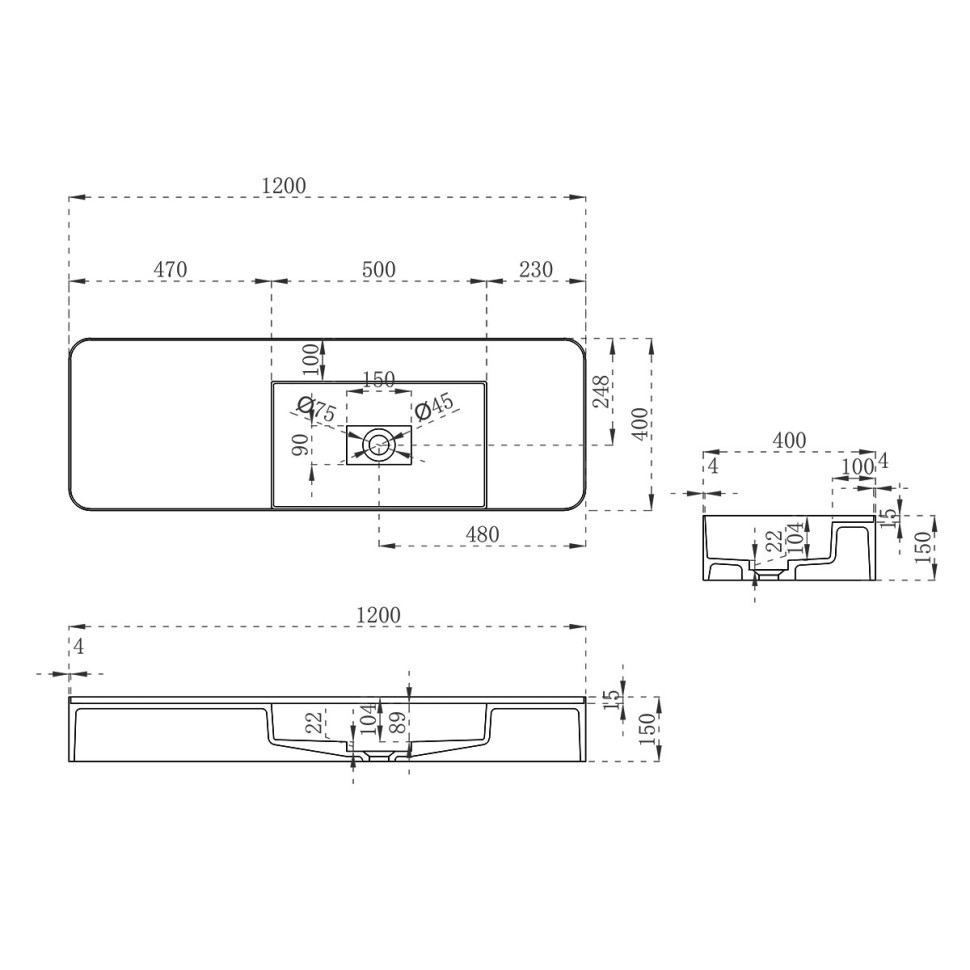 Раковина из искусственного камня Vincea VWB-6S412MW, 1200*400*150, подвесная, цвет белый матовый