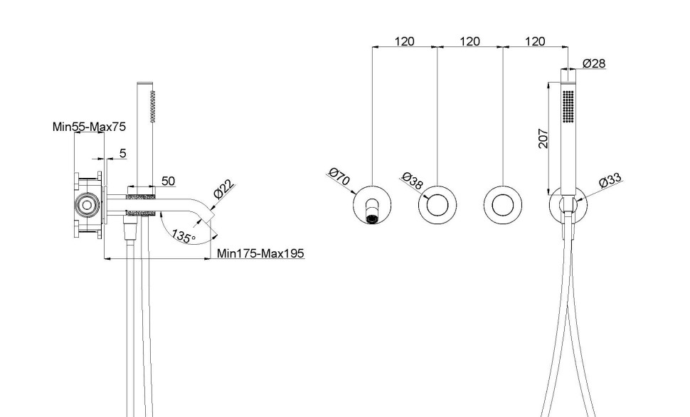 Смеситель для ванны Aura VBTW-6AU1BG, встраиваемый, брашированное золото