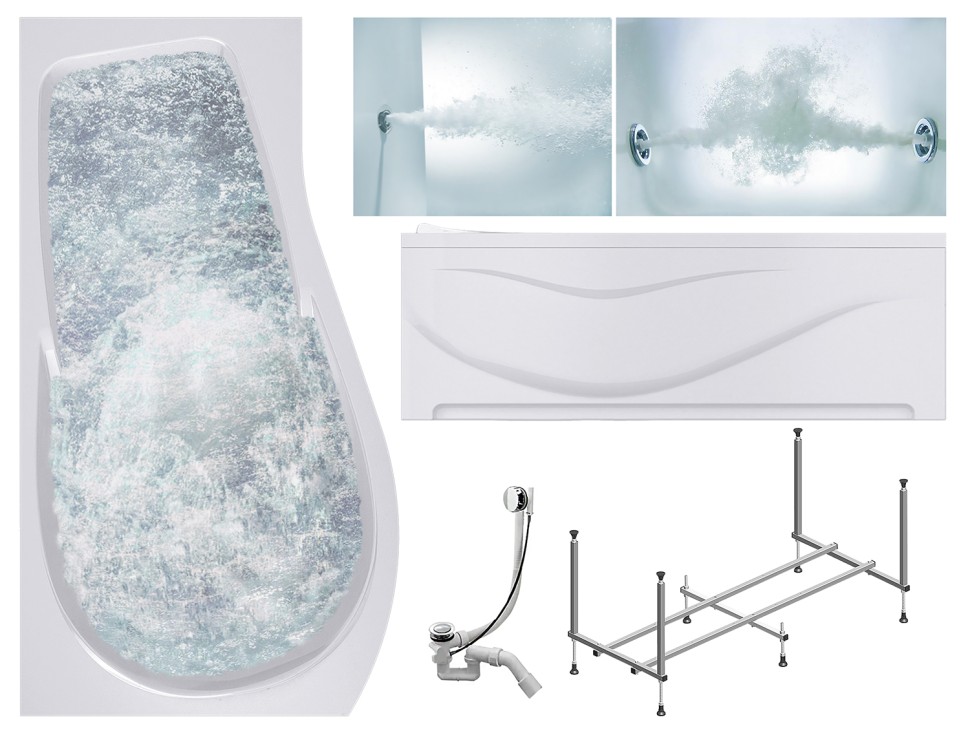 Комплект Акриловая ванна TIMO VINO1590L 150*90*66+Каркас + Слив-перелив+Гидромассаж 6 форсунок+Гидромассаж спины 3 форсунки