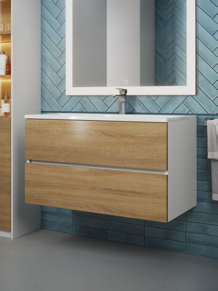 Тумба под раковину для ванной Uperwood Barsa 90 см, подвесная, белая/дуб сонома