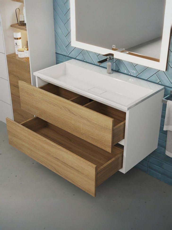 Тумба под раковину для ванной Uperwood Barsa 90 см, подвесная, белая/дуб сонома