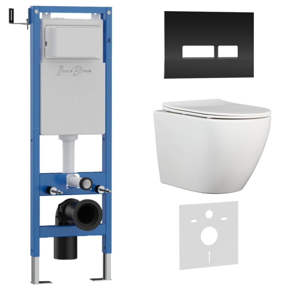 Комплект 3в1 IBERICA BLANCA инсталляция SILENCIO MINI, унитаз BILBAO ALTO белый, кнопка смыва CRYSTAL-R черный (IB.001M.BLA.234.2211)