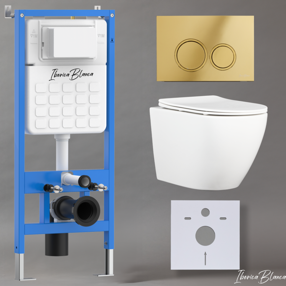 Комплект 3в1 IBERICA BLANCA инсталляция SILENCIO, унитаз BILBAO ALTO белый, кнопка смыва ESTI-O золото глянцевое (IB001.BLA.231.826)
