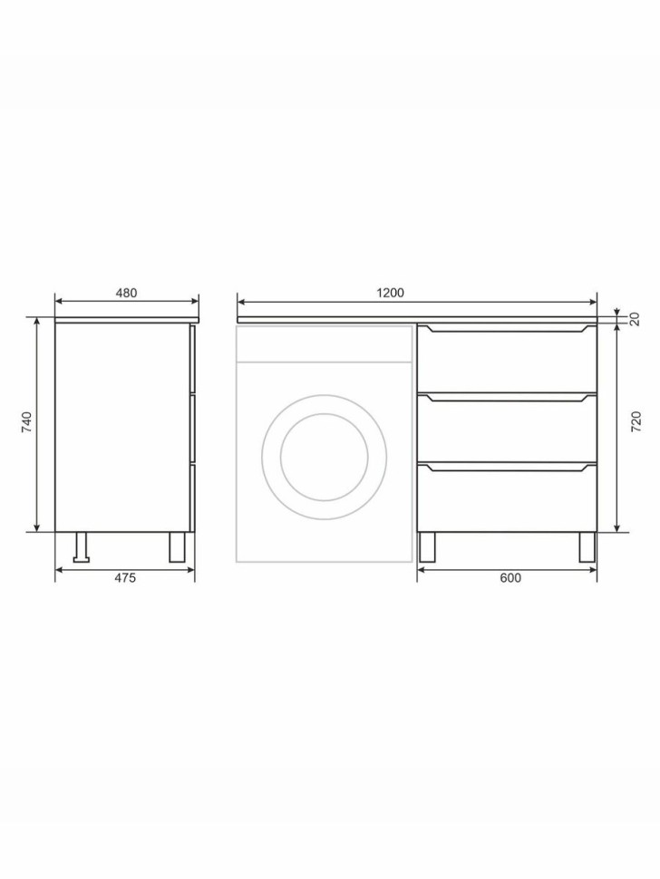 Тумба под стиральную машину напольная Uperwood Tanos 58х47,5х76,5 см, белая/графит, 3 ящика