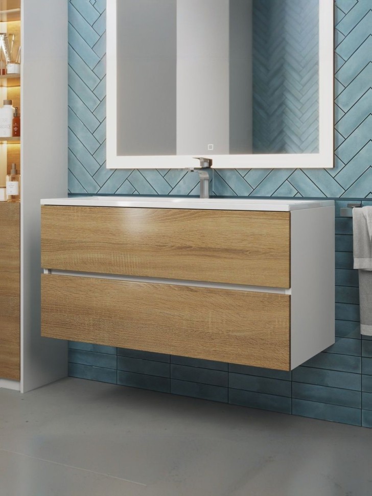 Тумба под раковину для ванной Uperwood Barsa 100 см, подвесная, белая/дуб сонома