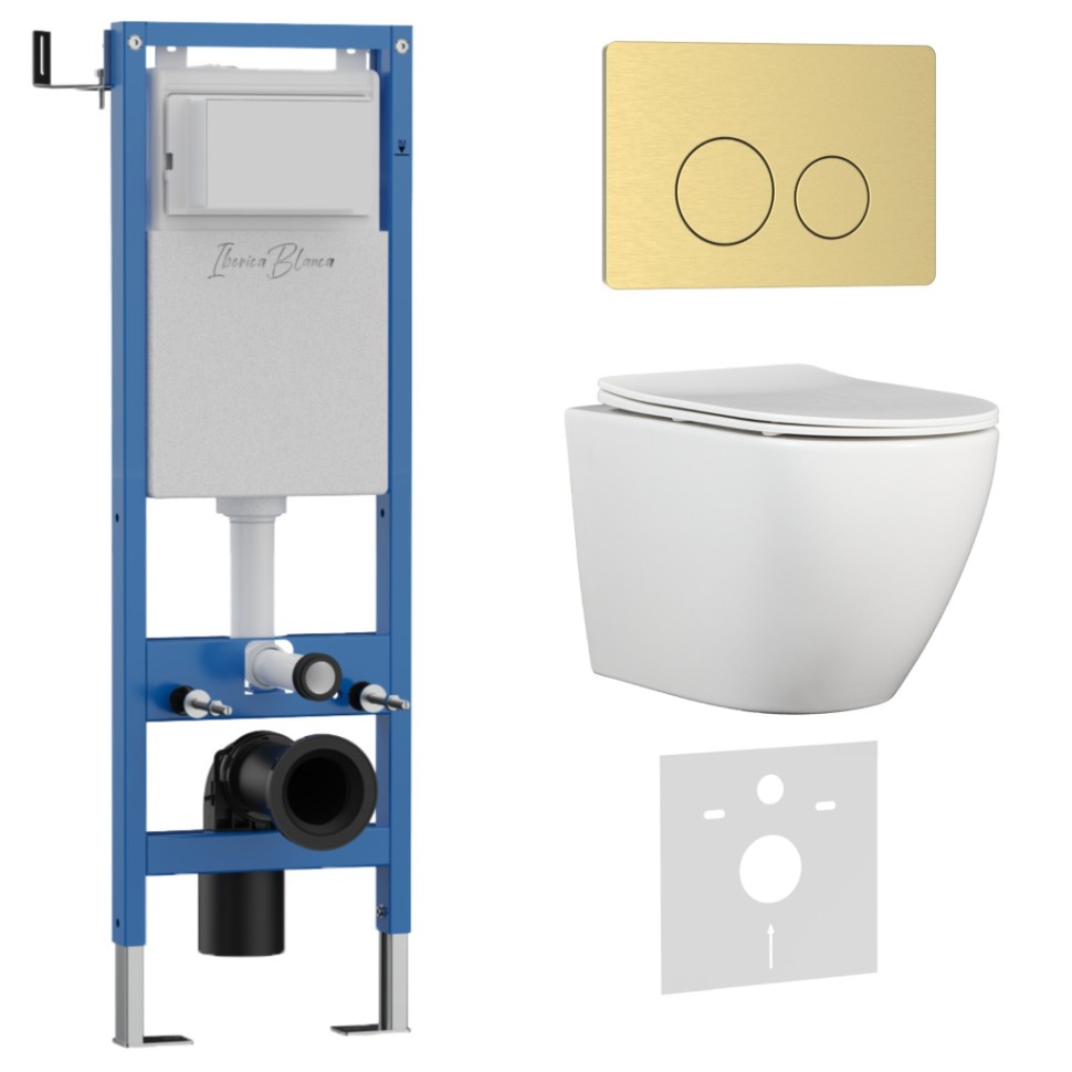Комплект 3в1 IBERICA BLANCA инсталляция SILENCIO MINI, унитаз BILBAO ALTO белый, кнопка смыва INOX-O золото матовое (IB.001M.BLA.234.815)