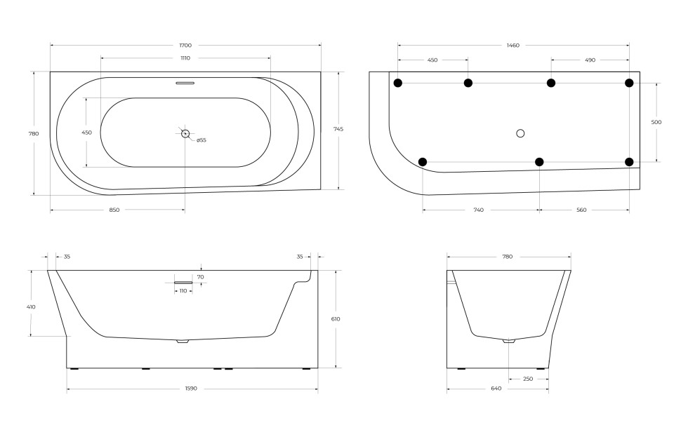 Акриловая ванна BELBAGNO BB410-1700-780-R