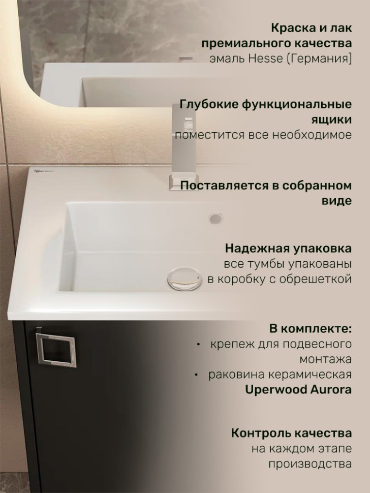 Тумба с раковиной в ванную Uperwood Aurora 50 см, черный матовый