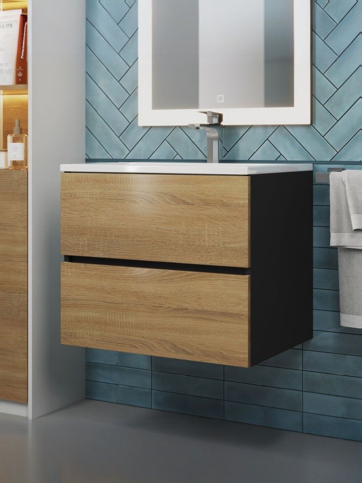 Тумба под раковину для ванной Uperwood Barsa, 60 см, подвесная, черная/дуб сонома