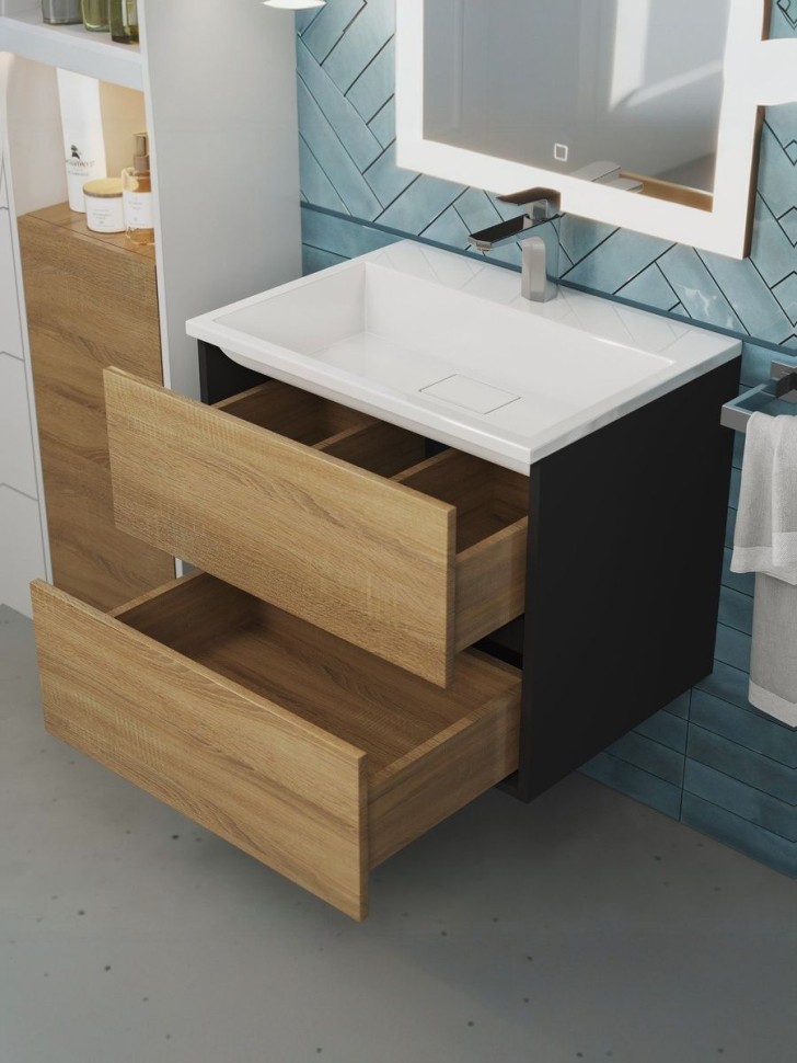 Тумба под раковину для ванной Uperwood Barsa, 60 см, подвесная, черная/дуб сонома