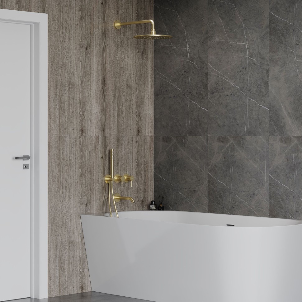 AQM8408BG Набор для комплектации ванны с изливом, верхним и ручным душем, шлифованное золото