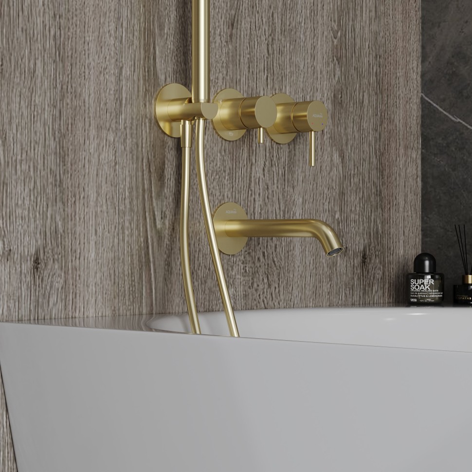AQM8408BG Набор для комплектации ванны с изливом, верхним и ручным душем, шлифованное золото