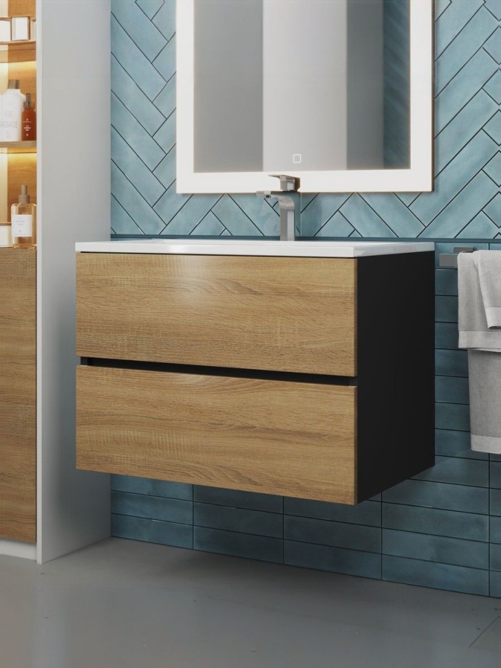 Тумба под раковину для ванной Uperwood Barsa, 70 см, подвесная, черная/дуб сонома