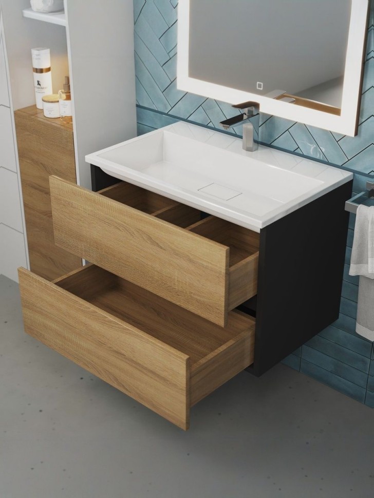 Тумба под раковину для ванной Uperwood Barsa, 70 см, подвесная, черная/дуб сонома