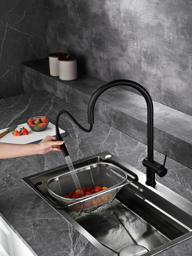 AQM9901MB Cucina Смеситель для кухни с выдвижным U-образным изливом,черный матовый