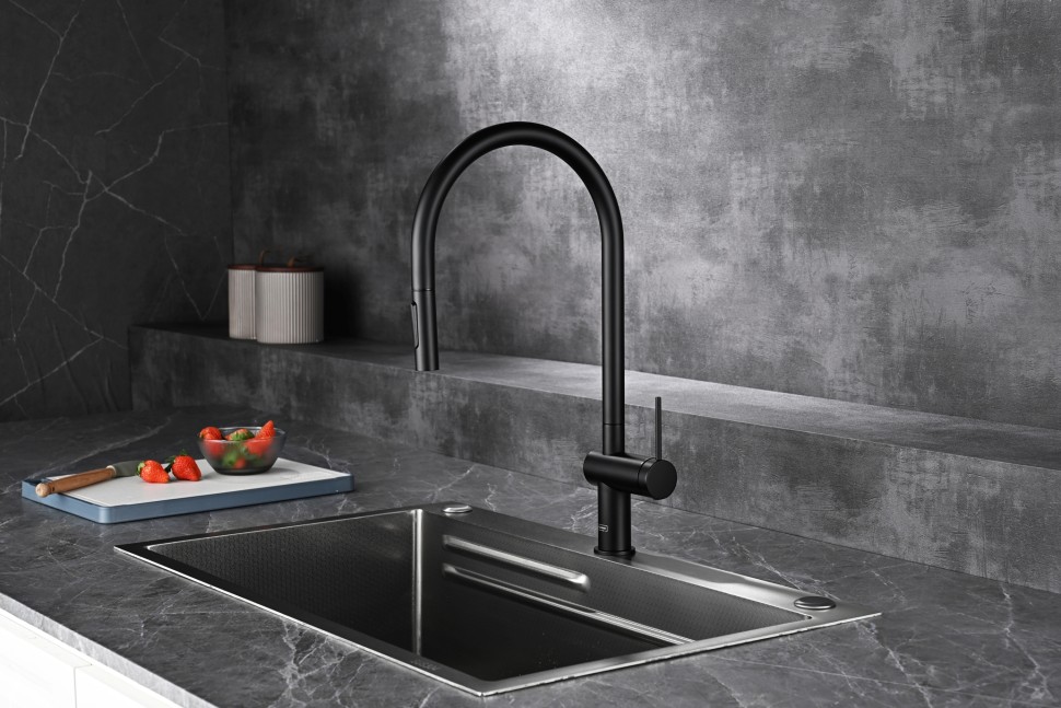 AQM9901MB Cucina Смеситель для кухни с выдвижным U-образным изливом,черный матовый