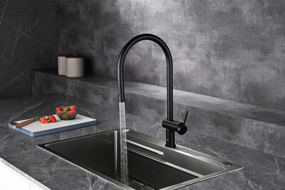 AQM9901MB Cucina Смеситель для кухни с выдвижным U-образным изливом,черный матовый