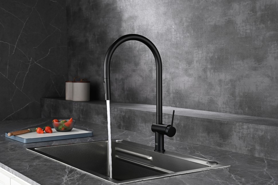 AQM9901MB Cucina Смеситель для кухни с выдвижным U-образным изливом,черный матовый